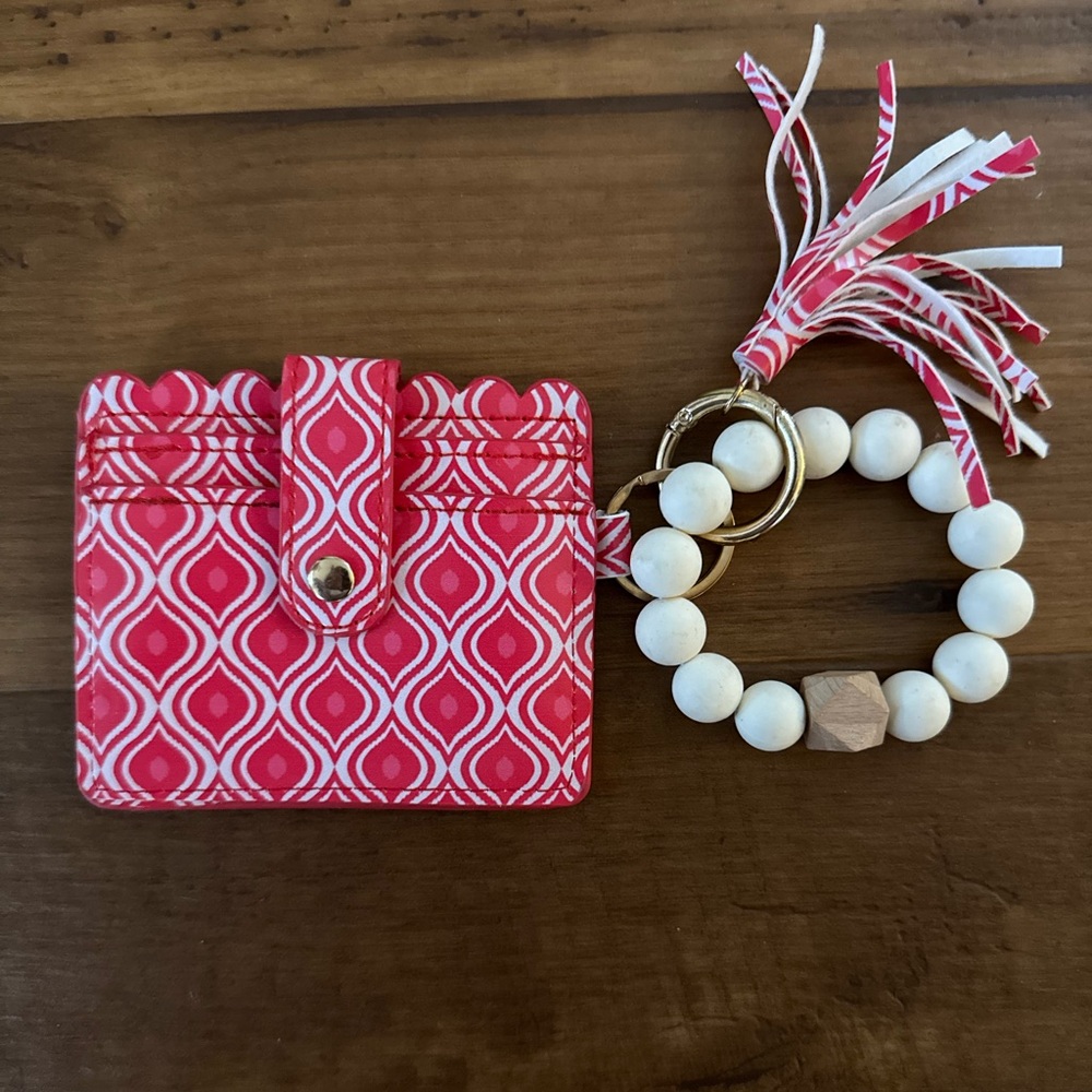 Red Patterned Card Holder with Beaded Keychain